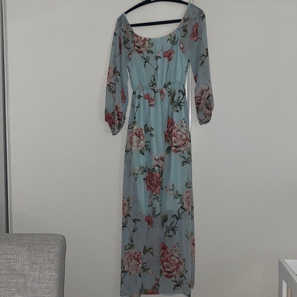 Light Blue Floral Chiffon Off Shoulder Maxi Dress - Picture 2 of 3